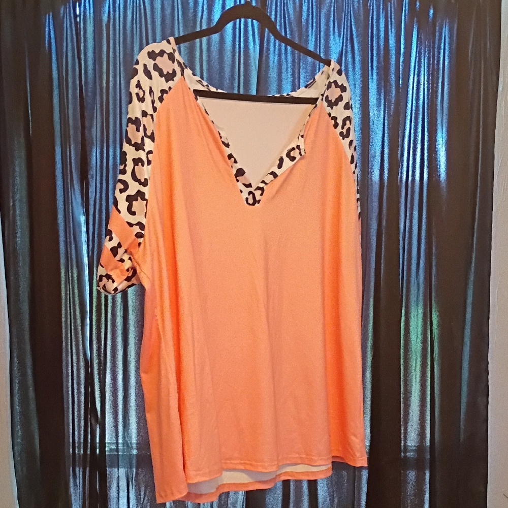 Orange Women's Top with Leopard Print Sleeves